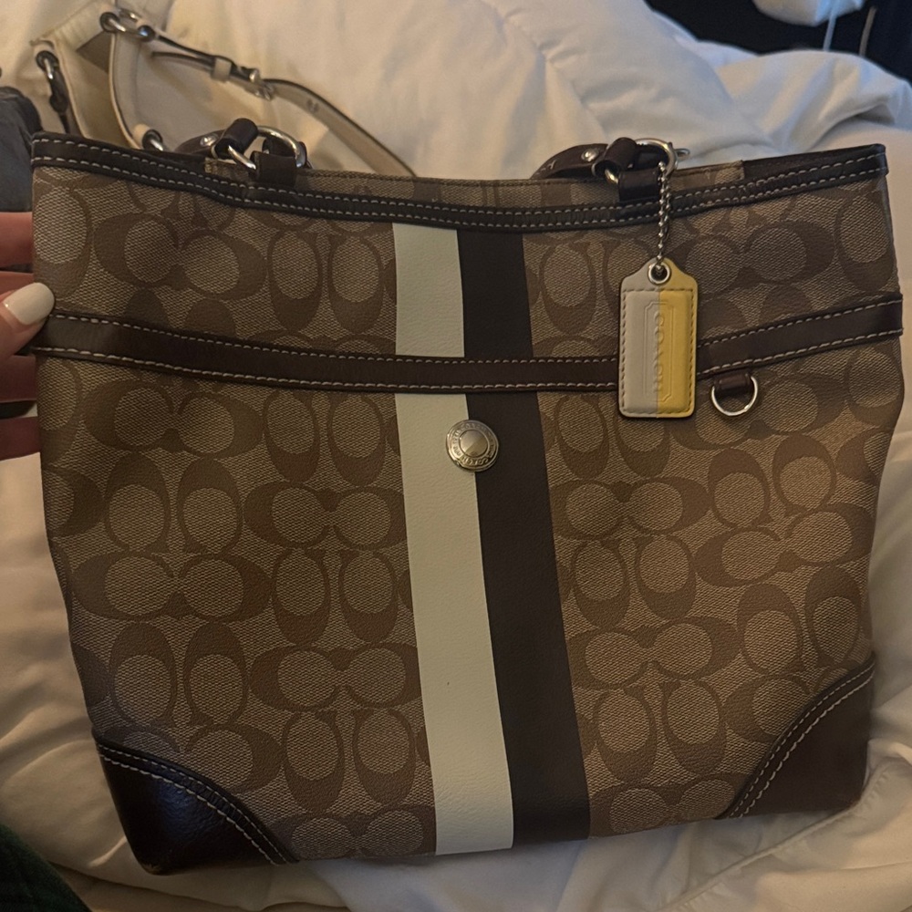 Coach Brown and White Signature Shoulder Bag